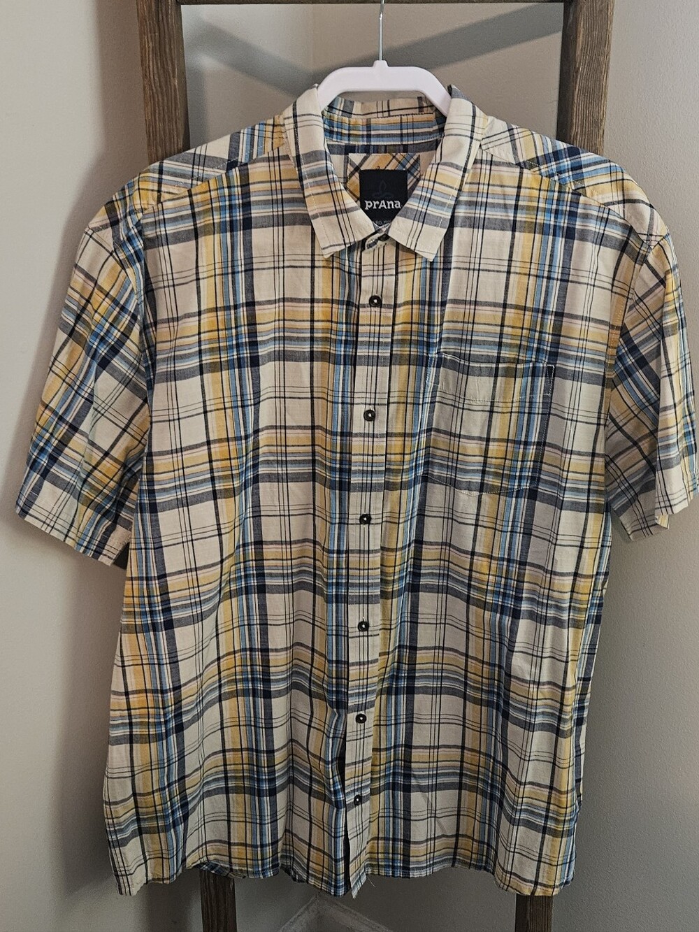 Prana Men's Short Sleeve Plaid Button-Down Shirt - Cream, Blue & Yellow
